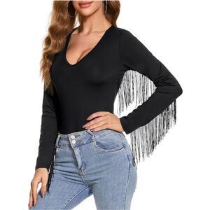 NEW Fringe Trim V Bodysuit Top Small black